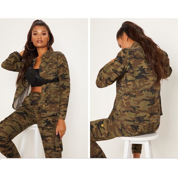 PRETTYLITTLETHING Jackets & Blazers - CAMO TRUCKER DENIM JACKET SIZE 10